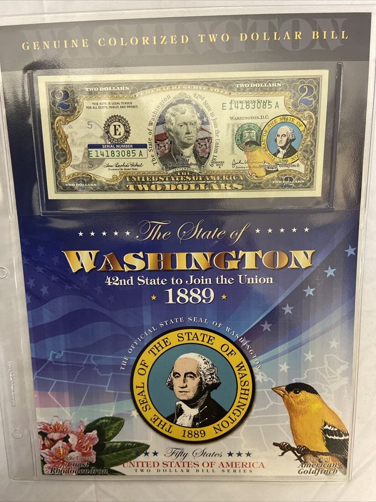 Genuine Colorized $2 Dollar Bill The State of Washingto