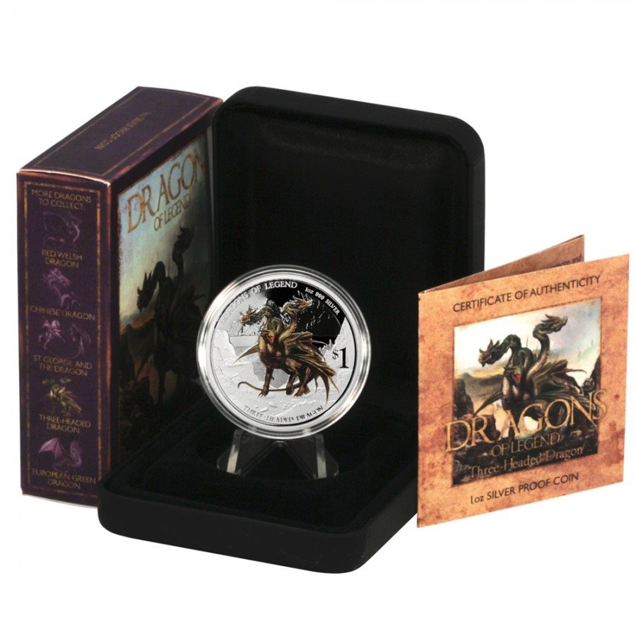 2013 Tuvalu Dragons of Legend THREE HEADED DRAGON 1oz Silver Proof Coin
