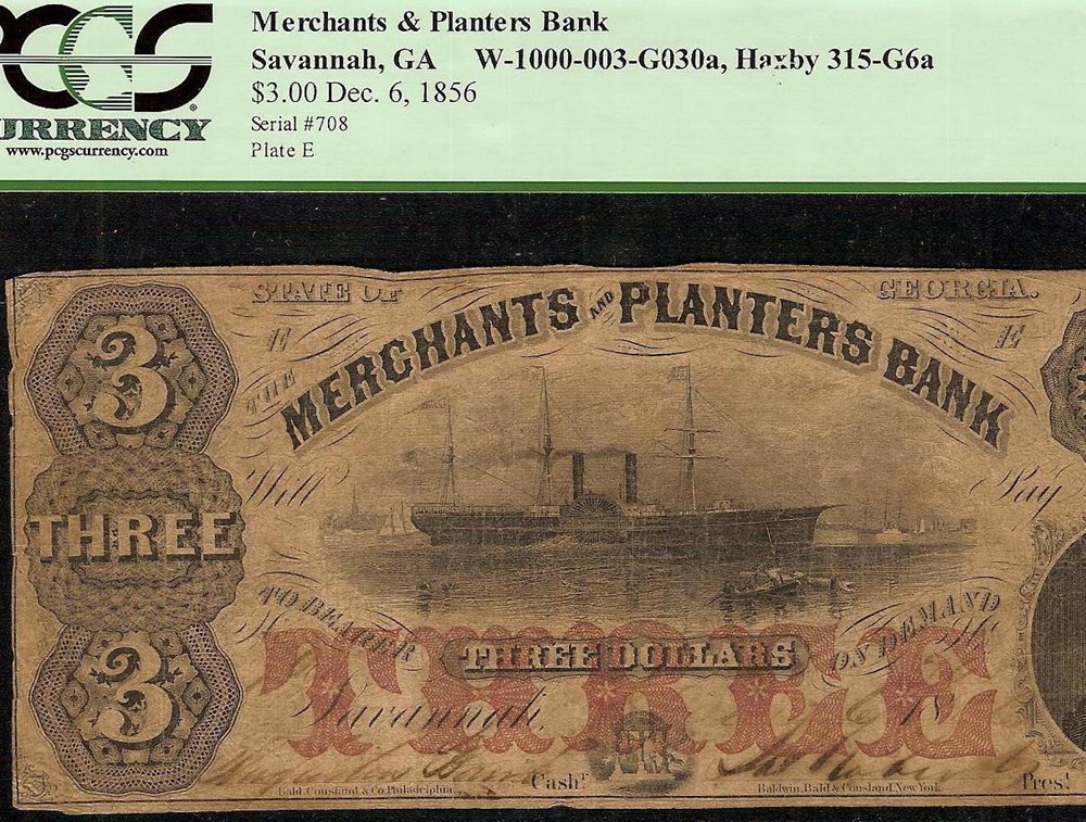 1856 3 DOLLAR BILL MERCHANTS PLANTERS BANK NOTE