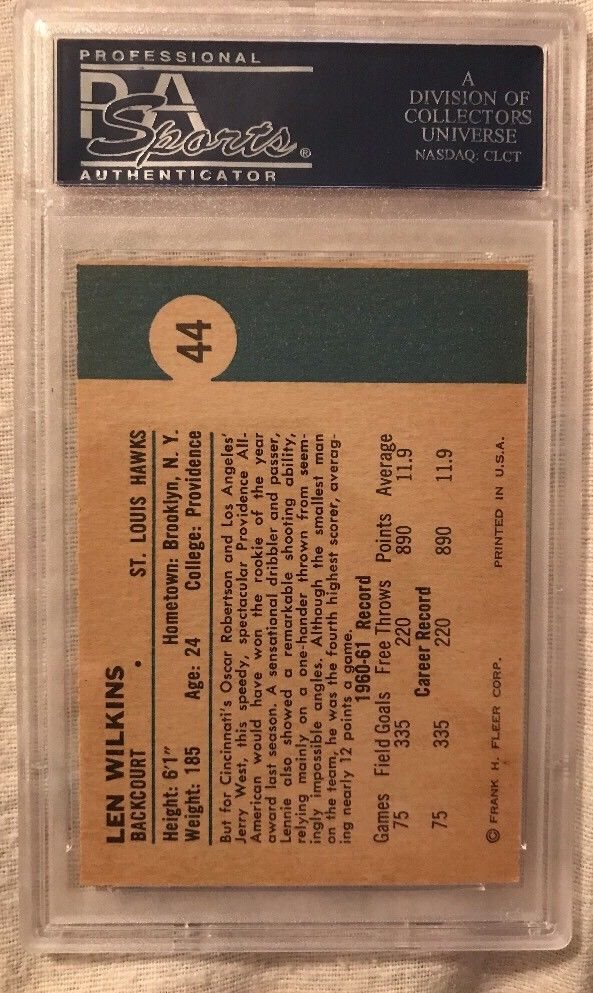 1961 Fleer Lenny Len Wilkins Wilkens Salón de la Fama Novato Rc # 44 Profesional autenticador de deportes 7 X175