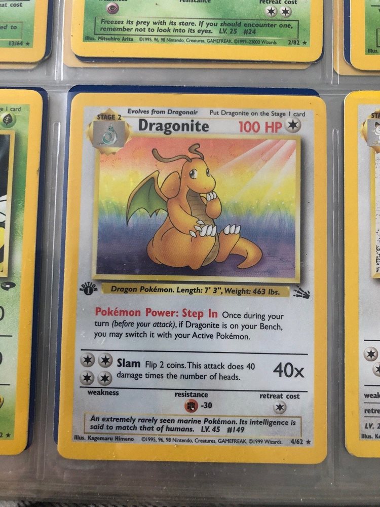 Rare 1999 Pokemon 1ST EDITION FOSSIL HOLOFOIL DRAGONITE CARD #4//62 *UnPlayed*