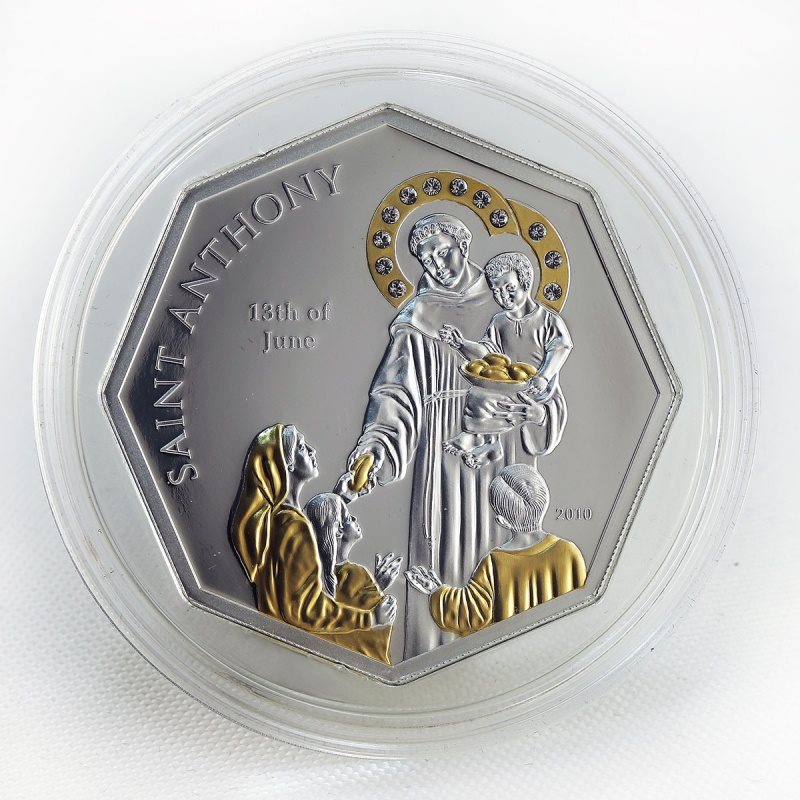 Cook Islands $ 5 Saint Catherine Silver Gilded Octahedron Coin Swarovski 2011
